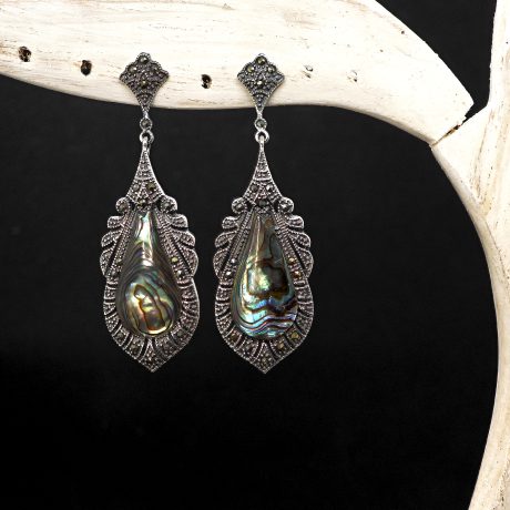 Boho Vintage Abalone Shell Drop Earrings – Marcasite Accents, Teardrop Design
