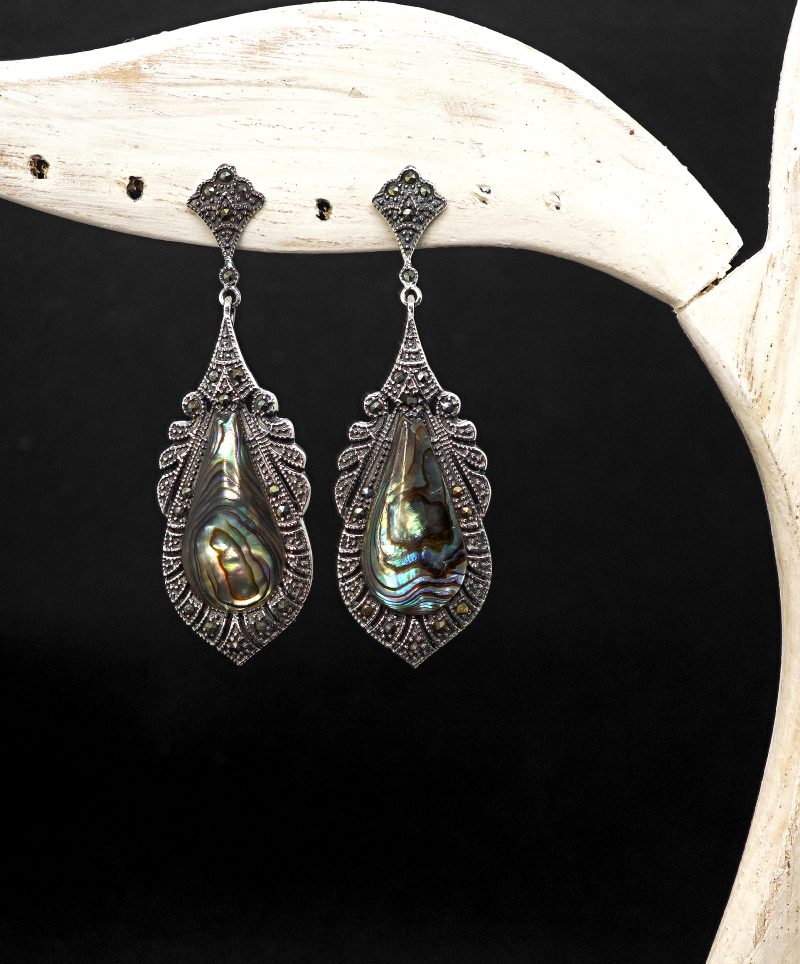 Boho Vintage Abalone Shell Drop Earrings – Marcasite Accents, Teardrop Design