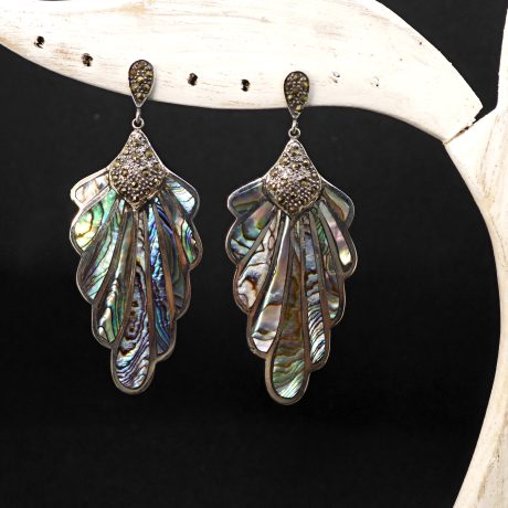 Art Deco Abalone Shell Fan Earrings – Statement Dangle Earrings with Marcasite