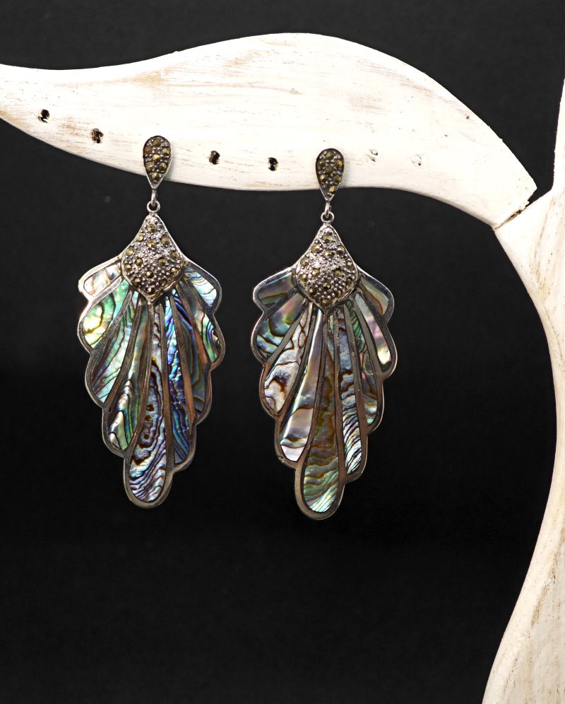 Art Deco Abalone Shell Fan Earrings – Statement Dangle Earrings with Marcasite