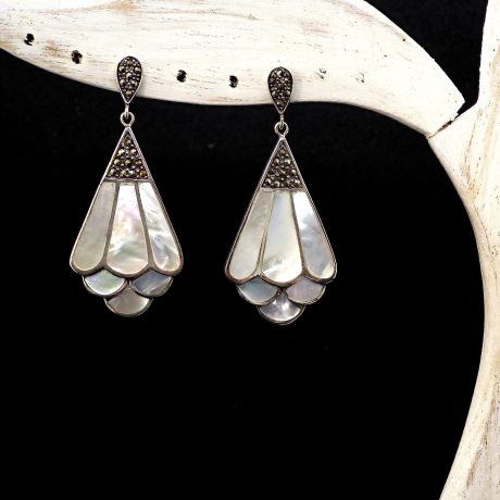 Art Deco Mother of Pearl Fan Earrings – 925 Sterling Silver with Marcasite