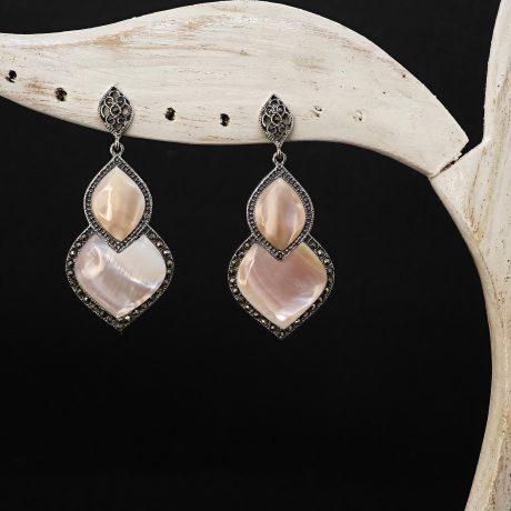 pink shell earrings, marcasite drop earrings, sterling silver dangle earrings, vintage pink earrings, 925 silver shell jewelry, handcrafted Thai earrings, feminine statement earrings, elegant marcasite earrings