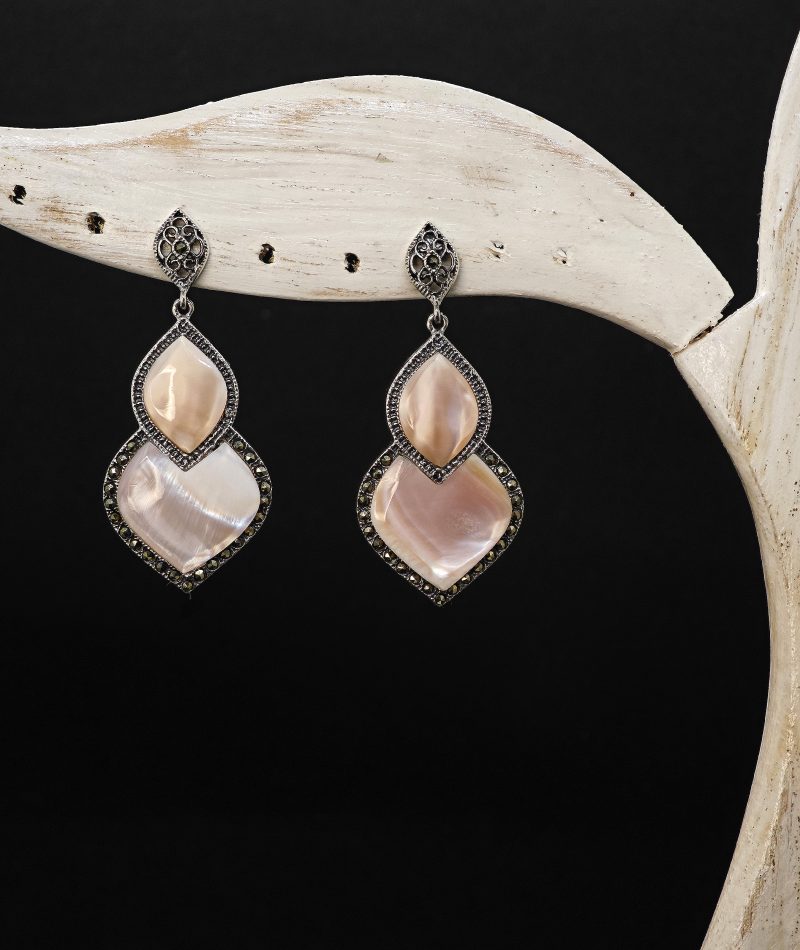pink shell earrings, marcasite drop earrings, sterling silver dangle earrings, vintage pink earrings, 925 silver shell jewelry, handcrafted Thai earrings, feminine statement earrings, elegant marcasite earrings