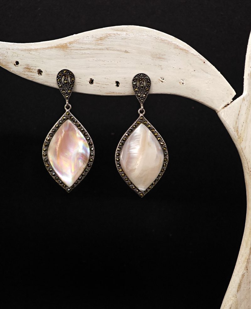 pink mother of pearl earrings, marcasite silver earrings, teardrop shell earrings, vintage pearl earrings, 925 sterling silver jewelry, handcrafted Thai earrings, elegant dangle earrings, marcasite and shell earrings