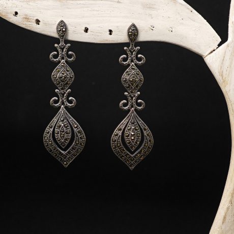 marcasite chandelier earrings, vintage marcasite earrings, 925 silver dangle earrings, handcrafted marcasite jewelry, filigree silver earrings, antique silver earrings, statement marcasite earrings, Thai artisan jewelry