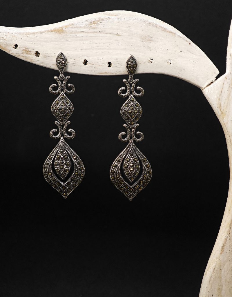 marcasite chandelier earrings, vintage marcasite earrings, 925 silver dangle earrings, handcrafted marcasite jewelry, filigree silver earrings, antique silver earrings, statement marcasite earrings, Thai artisan jewelry