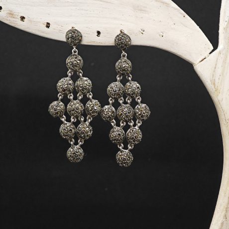 marcasite drop earrings, marcasite ball earrings, silver cluster earrings, 925 sterling silver dangle earrings, vintage marcasite jewelry, handmade Thai earrings, statement earrings marcasite, oxidized silver jewelry