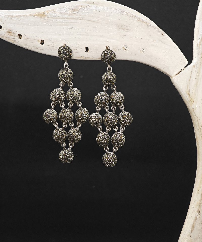 marcasite drop earrings, marcasite ball earrings, silver cluster earrings, 925 sterling silver dangle earrings, vintage marcasite jewelry, handmade Thai earrings, statement earrings marcasite, oxidized silver jewelry