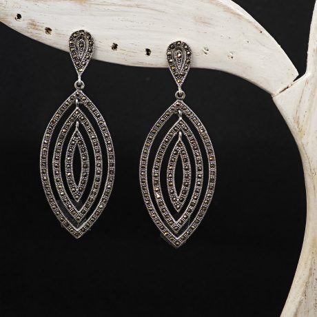 marcasite marquise earrings, sterling silver drop earrings, vintage marcasite jewelry, 925 silver layered earrings, handmade silver dangles, openwork marcasite earrings, Thai artisan earrings, long silver statement earrings