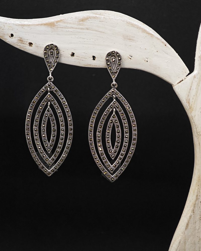 marcasite marquise earrings, sterling silver drop earrings, vintage marcasite jewelry, 925 silver layered earrings, handmade silver dangles, openwork marcasite earrings, Thai artisan earrings, long silver statement earrings