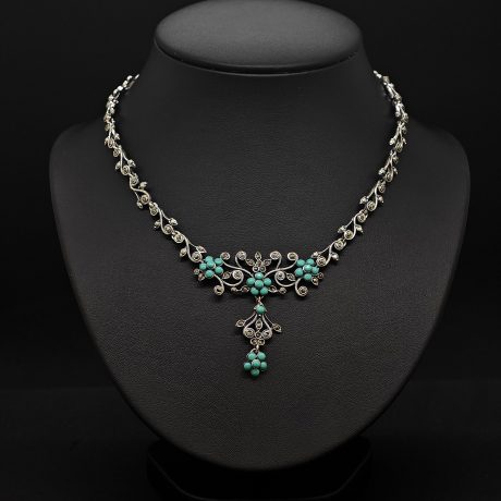 Vintage Floral Turquoise & Marcasite Necklace – 925 Sterling Silver