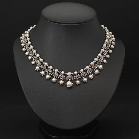 pearl drop necklace, vintage pearl necklace, marcasite pearl jewelry, handmade silver necklace, 925 sterling silver choker, bridal pearl necklace, Thai artisan jewelry, statement pearl necklace