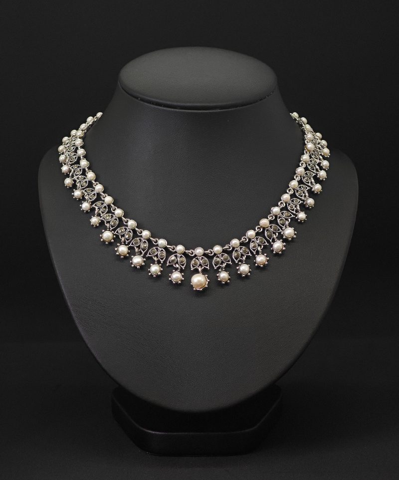 pearl drop necklace, vintage pearl necklace, marcasite pearl jewelry, handmade silver necklace, 925 sterling silver choker, bridal pearl necklace, Thai artisan jewelry, statement pearl necklace