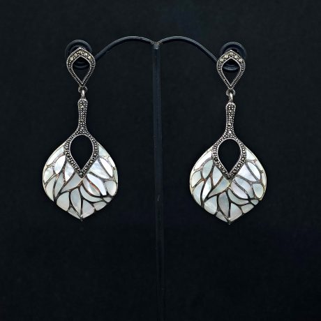 Art Deco Marcasite & Mother of Pearl Mosaic Drop Earrings