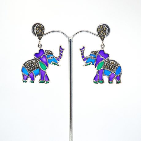 Colorful Elephant Marcasite Enamel Earrings